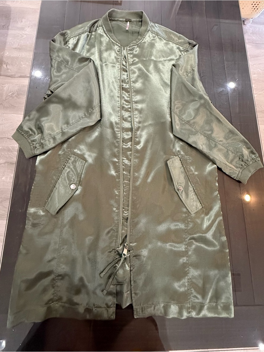 Poof! Olive Satin Longline Bomber Jacket